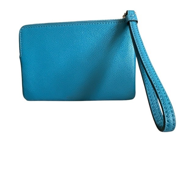 🦋 Authentic Blue Silver COACH Crossgrain Leather Zip Wristlet Logo - Picture 3 of 3